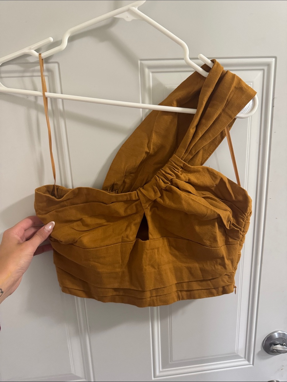 One-Shoulder Ochre Crop Top with Ruched Detail - Women